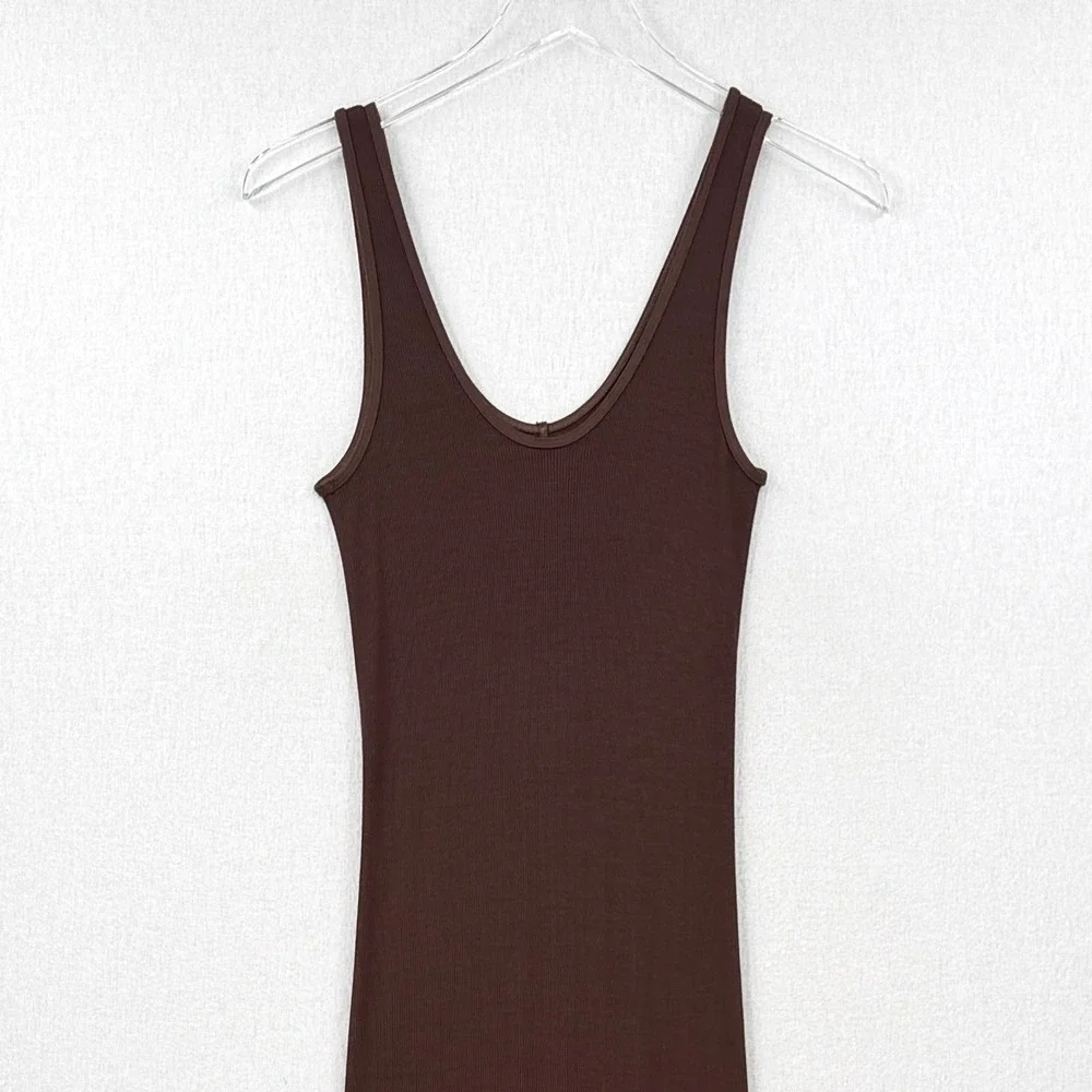 ENZA COSTA Silk Rib Knit Maxi Tank Dress Womens Small Brown Quiet Luxury NEW - Picture 6 of 12